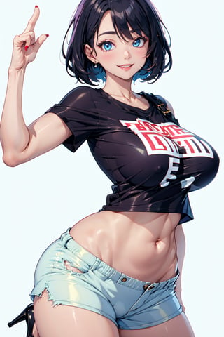 woman of exuberant beauty, with great attributes posing sensually for the camera, full body, black hair with a shaved side hairstyle, (white background:1.6) with a leering look, and suggestive smile  wearing  big breast, wide hips,(shorts and tshirt:1.6), (slender body:1.6) full frame, smiling, voluptuous with great attributes, :1.1),bouncing breasts,ink ,YeiyeiArt,high heels,milfication,YAMATO