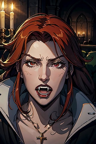 castlevania style, Eleanor, red hair, facial portrait, sexy stare, inside castle, candlelights, laying on the sofa, screaming, fangs, fangs, 