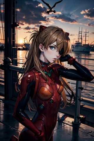 Asuka Langley, facial portrait, sexy stare, sexy pose, eye patch, near port, ships, cloudy sky, seagulls, blowing Ikari Shinji, 