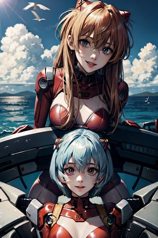 Asuka Langley, Rei Ayanami, Mari Makinami, together, next to each other, facial portraits, staring sexy at the camera, sexy pose, on top of robot, near shoreline, birds flying, cloudy sky,  ,Detailedface, smiling 