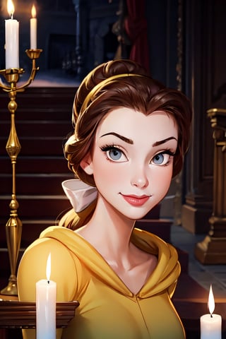 belle, facial portrait, sexy stare, smirked, inside pretty castle, candlelights, big stairs, 