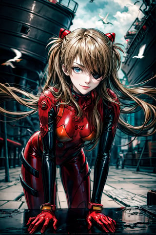 Asuka Langley, facial portrait, sexy stare, smirked, sexy pose, eye patch, near port, ships, cloudy sky, seagulls, crouched 