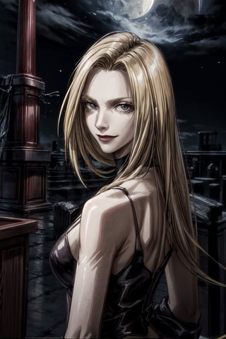 Trish, facial portrait, sexy stare, smirked, graveyard, cloudy sky, lightning, full moon, bats flying 