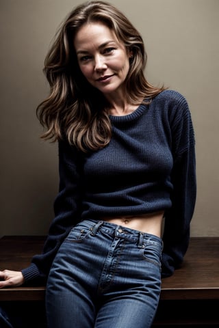 Photorealistic, young Diane Lane, facial portrait, sexy stare, smirked, black top sweater, blue jeans, Spreading legs, 