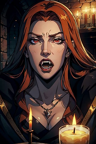 castlevania style, Eleanor, red hair, facial portrait, sexy stare, inside castle, candlelights, laying on the sofa, screaming, fangs, fangs, 