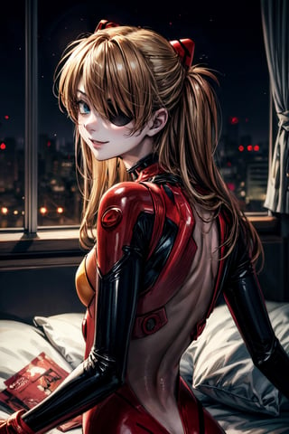 Asuka Langley, facial portrait, sexy stare, smirked, sexy pose, eye patch, laying in bed, from behind 