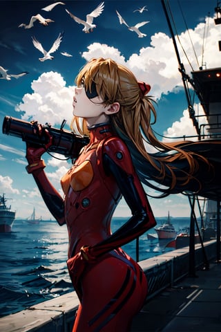 Asuka Langley, facial portrait, sexy stare, sexy pose, eye patch, near port, ships, cloudy sky, seagulls, blowing Ikari Shinji, 