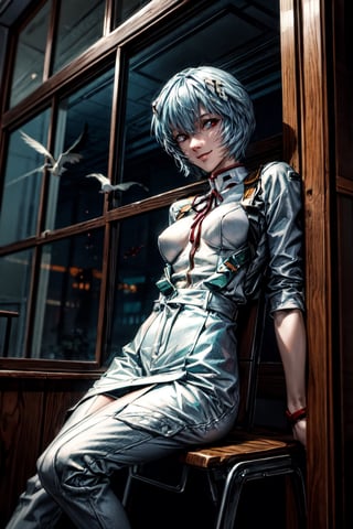Rei ayanami, facial portrait, sexy stare, smirked, sitting on a chair, inside crummy apartment, looking outside, cloudy sky, birds flying, 