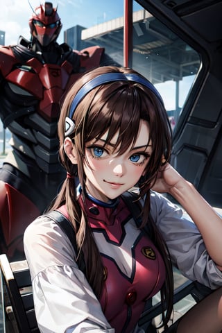 makinami_mari_illustrious, facial portrait, sexy stare, smirked, inside base, crowds, sitting on top of big robot