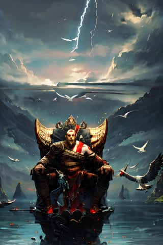 kratosGOW_soul3142,More Detail, facial portrait, sexy stare, smirked, on top of hill, ocean below, seagulls, cloudy sky, lightning, sitting on a Big throne, 