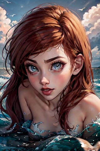 ariel, naked, facial portrait, sexy stare, anal portrait, man's big cock, shoreline, crabs, seagulls, cloudy sky, waves, sucking cock, all fours