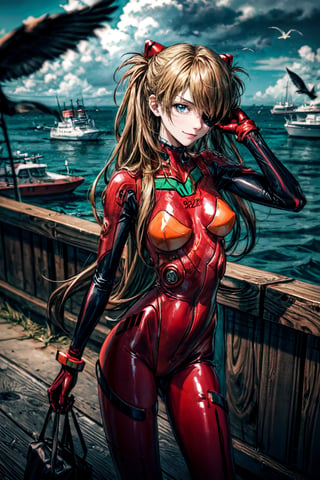 Asuka Langley, facial portrait, sexy stare, smirked, sexy pose, eye patch, Standing, sexy pose, near port, ships, cloudy sky, seagulls, 