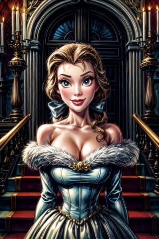 belle, facial portrait, sexy stare, smirked, inside pretty castle, candlelights, big stairs, 