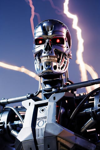T800Endoskeleton,  facial portrait, standing menacing, machine gun, cloudy sky, lightning, futuristic wasteland, 