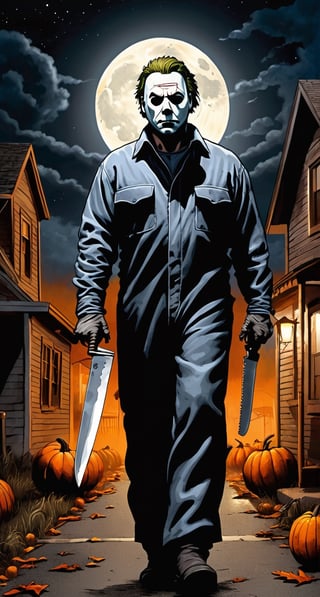 ultra Detailed Michael Myers, (holding a butchers knife) on one hand, walking the streets of a small town, cloudy sky, full moon, pumpkins though out the street, 