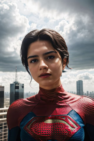Photorealistic, sasha calle as Supergirl, facial portrait, sexy stare, smirked, flying through the sky, city below, cloudy sky, plane,