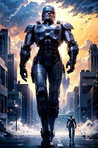 Robocop, facial portrait, smirked, walking through the futuristic city,  cloudy sky, lightning, fighting ed-209, 