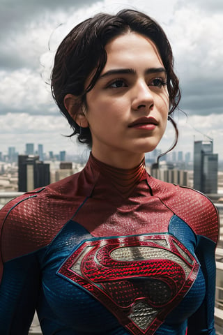 Photorealistic, sasha calle as Supergirl, facial portrait, sexy stare, smirked, on top of building, city below, cloudy sky, plane, 