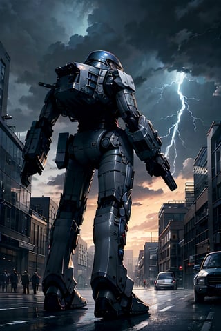 Ed-209, futuristic city, cloudy sky, lightning, crowds, cars, 