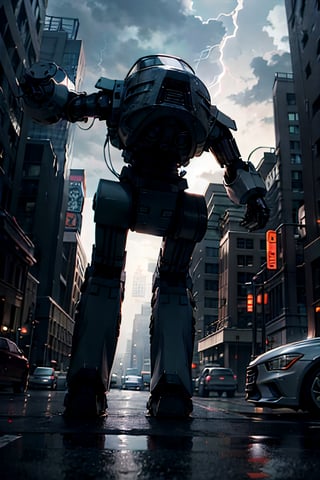 Ed-209, futuristic city, cloudy sky, lightning, crowds, cars, 