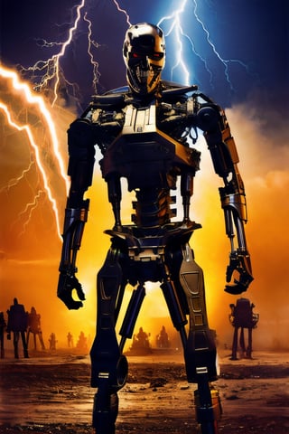 Multiple T800Endoskeleton,  facial portrait, anal portrait, full body, standing menacing, machine gun, cloudy sky, lightning, futuristic wasteland, 