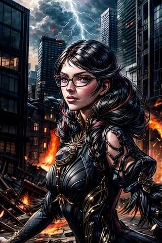 bayonetta_3_twintail_aiwaifu, facial portrait, sexy stare, cloudy sky, lightning, running through city ruins, buildings on fire, 