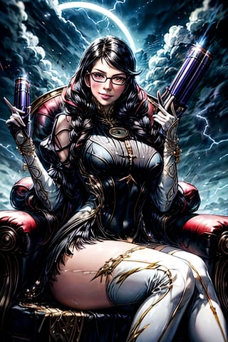 bayonetta_3_twintail_aiwaifu, facial portrait, sexy stare, cloudy sky, lightning, halos flying, sitting on a Big throne, pointing a gun at the camera, smiling 