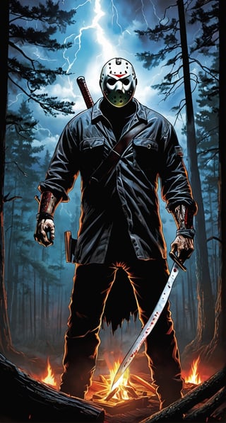 ultra Detailed Jason Voorhees,
(holding machete), inside woods, cloudy sky, lightning, cabin in the forest, lights inside cabin, 