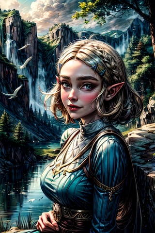 princess_zelda_aiwaifu, facial portrait, sexy stare, smirked, on top of hill, forest below, lake shore, cloudy sky, birds flying, sitting on a Big rock