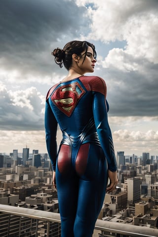 Photorealistic, sasha calle as Supergirl, facial portrait, sexy stare, smirked, on top of building, city below, cloudy sky, plane, from behind 