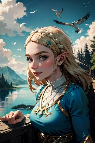 princess_zelda_aiwaifu, facial portrait, sexy stare, smirked, on top of hill, forest below, lake shore, cloudy sky, birds flying, sitting, 