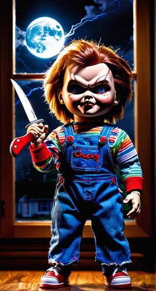 ultra Detailed Chucky, child’splay killer doll, inside house, next to sofa, butchers knife on one hand, big window, showing full moon, cloudy sky, lightning, bats, 