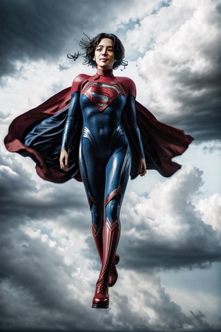 Photorealistic, sasha calle as Supergirl, facial portrait, sexy stare, full body, flying through the sky, city below, cloudy sky, plane, ,Detailedface, smiling 