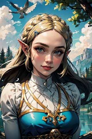 princess_zelda_aiwaifu, facial portrait, sexy stare, smirked, on top of hill, forest below, lake shore, cloudy sky, birds flying, 