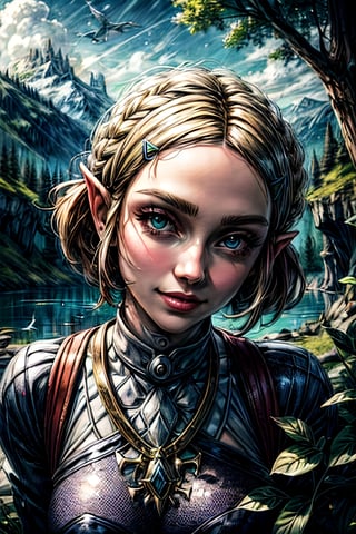 princess_zelda_aiwaifu, facial portrait, sexy stare, smirked, on top of hill, forest below, lake shore, cloudy sky, birds flying, sitting on a Big rock