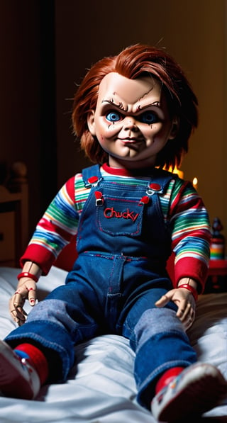 ultra Detailed Chucky, child’splay killer doll, inside bedroom, laying in bed, candlelights, 