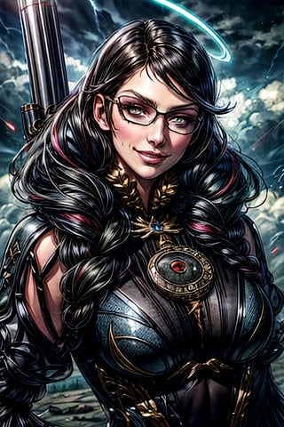 bayonetta_3_twintail_aiwaifu, facial portrait, sexy stare, smirked, big gun on hand, cloudy sky, lightning, halos flying, smiling 