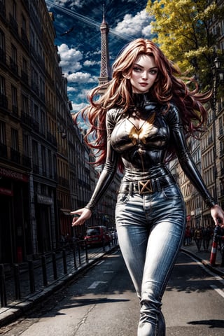 jean-grey,  facial portrait, sexy stare, smirked, walking through the streets of Paris, Eiffel tower behind, sunny day, clouds, birds flying, 