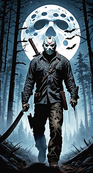 ultra Detailed Jason Voorhees,
(holding machete), walking through the forest, cloudy sky, lightning, bats, full moon, from behind, looking at the camera 