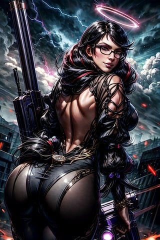 bayonetta_3_twintail_aiwaifu, facial portrait, sexy stare, smirked, big gun on hand, cloudy sky, lightning, halos flying, from behind 