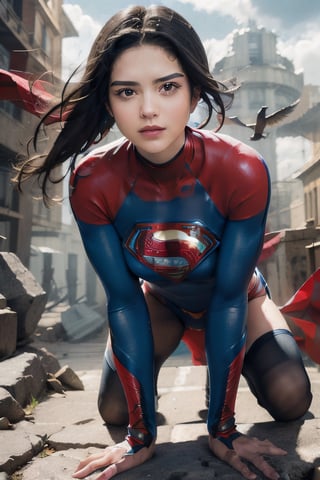 sasha calle as Supergirl, facial portrait, sexy stare, smirked, on top of building, city below, cloudy sky, lightning, birds flying around, ,sasha calle