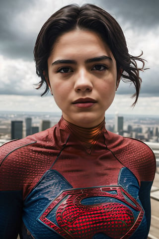 Photorealistic, sasha calle as Supergirl, facial portrait, sexy stare, smirked, flying through the sky, city below, cloudy sky, plane,