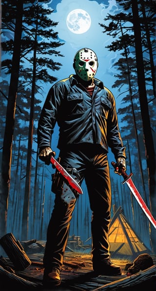 ultra Detailed Jason Voorhees,
(holding machete), inside woods, cloudy sky, lightning, cabin in the forest, lights inside cabin, 