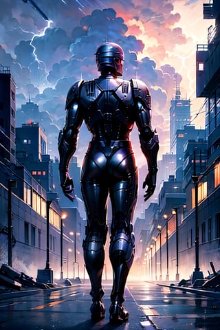 Robocop, facial portrait, smirked, walking through the futuristic city,  cloudy sky, lightning, from behind 