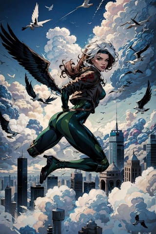 CARTOON_X_MENs_Rogue, facial portrait, sexy stare, smirked, full body, flying through the sky, clouds, birds flying, city below, from behind 
