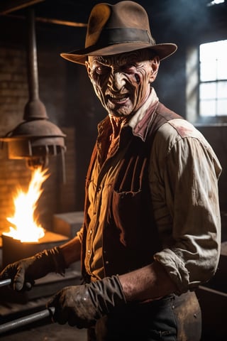 Freddy Krueger, fedora hat, facial portrait, evil smile, ragged shirt, wearing glove with long blades on each finger, on right hand, inside old warehouse, dim light, big rusty iron oven, faucets leaking, fire, 