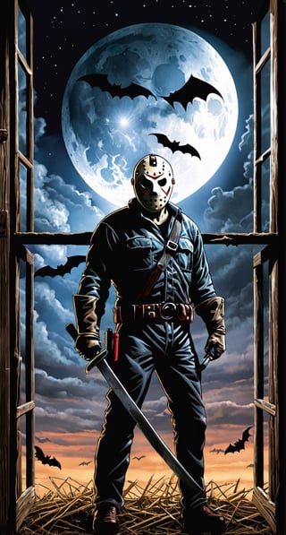 ultra Detailed Jason Voorhees,
(holding machete), inside barn, big window, showing full moon, bats, cloudy sky, lightning, packs of hay, 