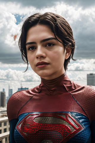 Photorealistic, sasha calle as Supergirl, facial portrait, sexy stare, smirked, on top of building, city below, cloudy sky, plane, 