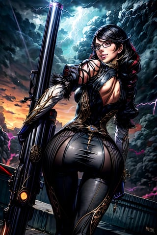 bayonetta_3_twintail_aiwaifu, facial portrait, sexy stare, smirked, big gun on hand, cloudy sky, lightning, halos flying, from behind 