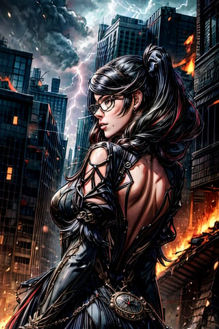 bayonetta_3_twintail_aiwaifu, facial portrait, sexy stare, cloudy sky, lightning, running through city ruins, buildings on fire, from behind 